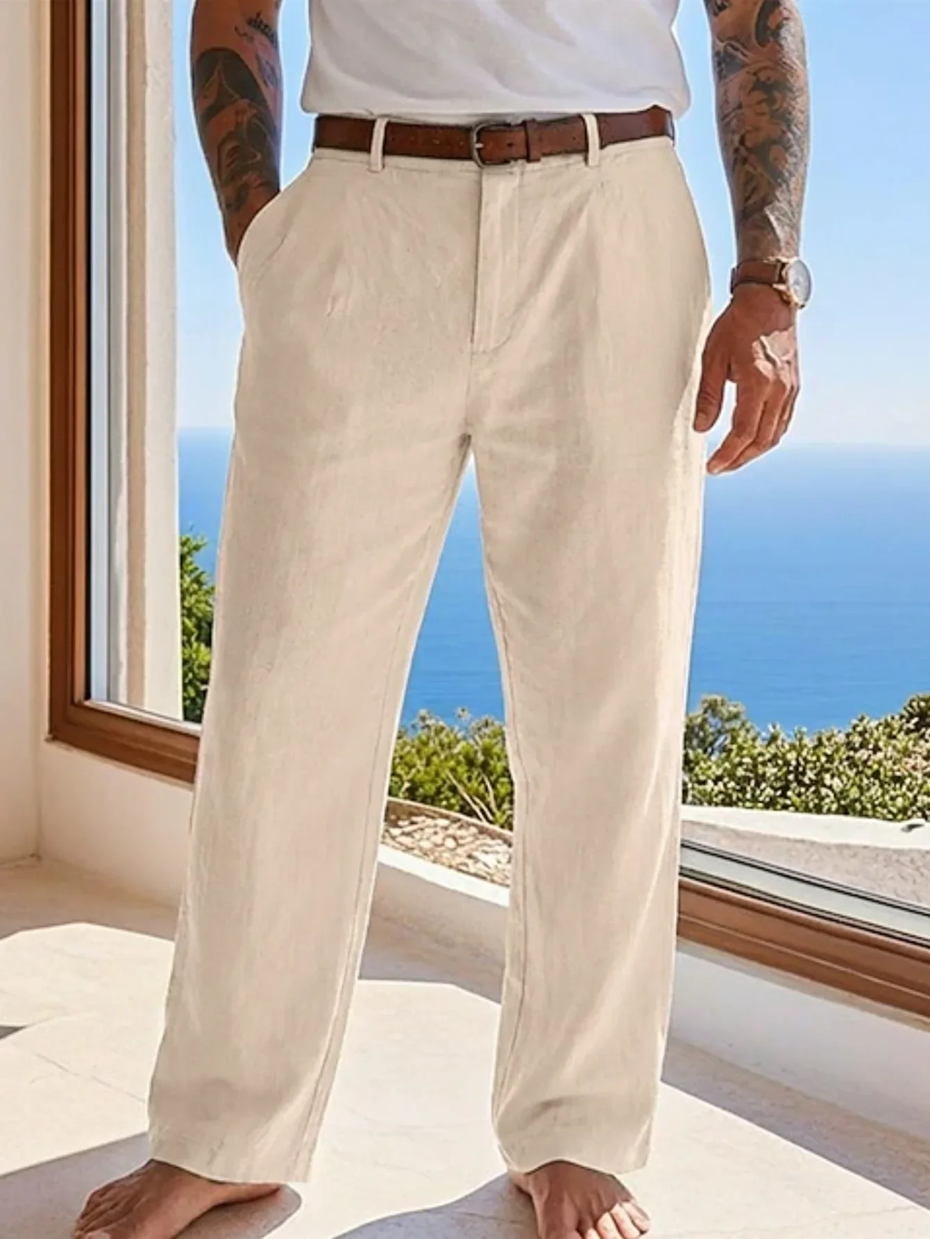 Vintage Einfarbige Lose Leinenhose für Herren Frühling Sommer Neue Lässige Gerade Hose Herrenmode Plissierte Atmungsaktive Hose – Detail 3