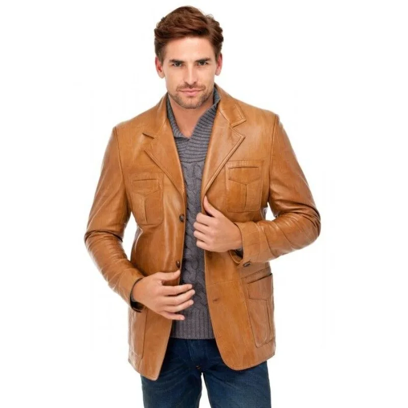 Men's Genuine Lambskin Pure Leather Blazer NEW Soft Coat THREE BUTTON Tan Jacket