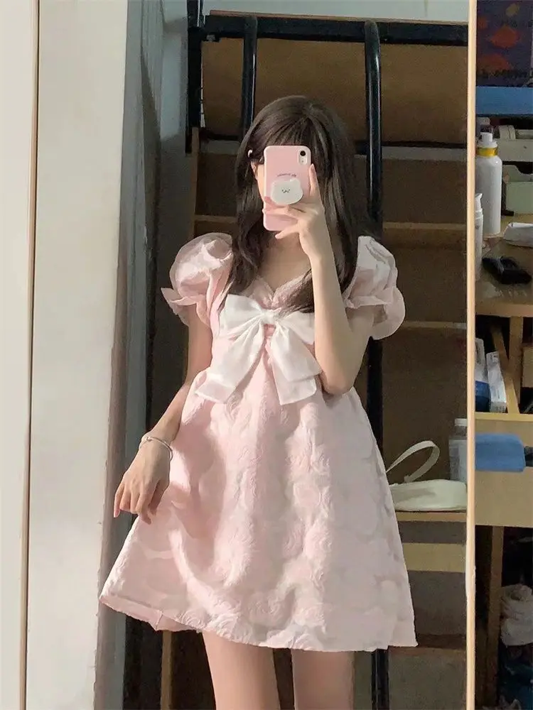 Robes douces femmes nœud fleurs bouffantes manches courtes dentelle Patchwork col en V Style Preppy été Mini robe fête décontracté