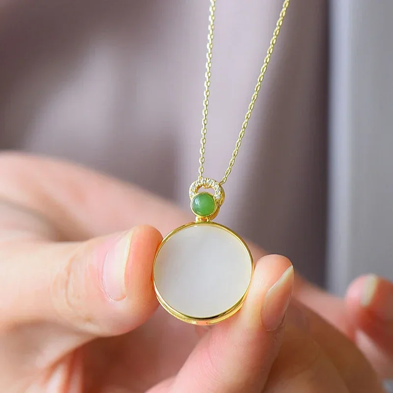 New Design Classic Natural Hetian White Jade Round Pendant Necklace Chinese Simple Style Ladies Jewelry Holiday Gift