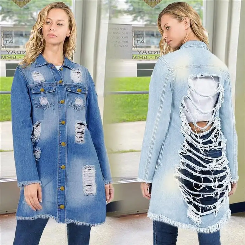

Трансграничное женское длинное пальто eBaywi Denim irt Tear Sle, осень-зима ort Sve Pure Color Jaet с откидным воротником