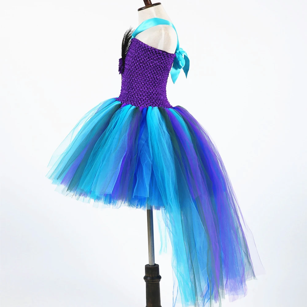 High Low Peacock Feathers Dresses for Girls Birthday Christmas Trailing Costumes for Kids Pageant Carnival Tutus with Long Trail