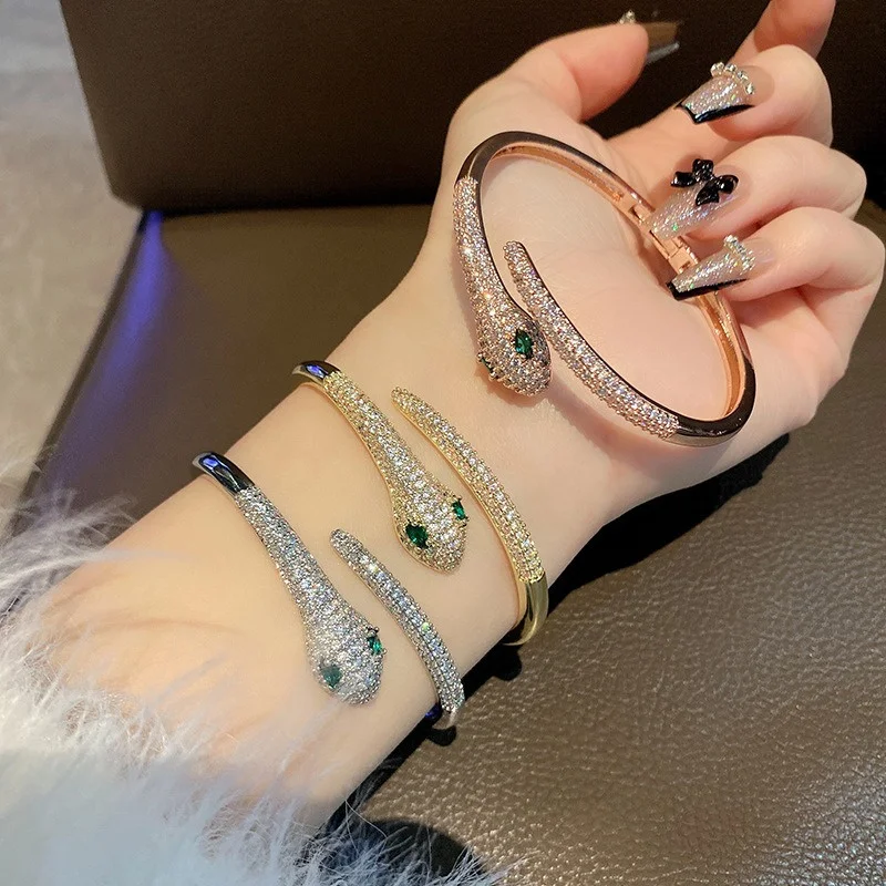 

Luxury Snake Bracelet Inlaid Bling Zircons Elegant Serpentine-Inspired Open Bangle Bracelets For Women Party Jewelry