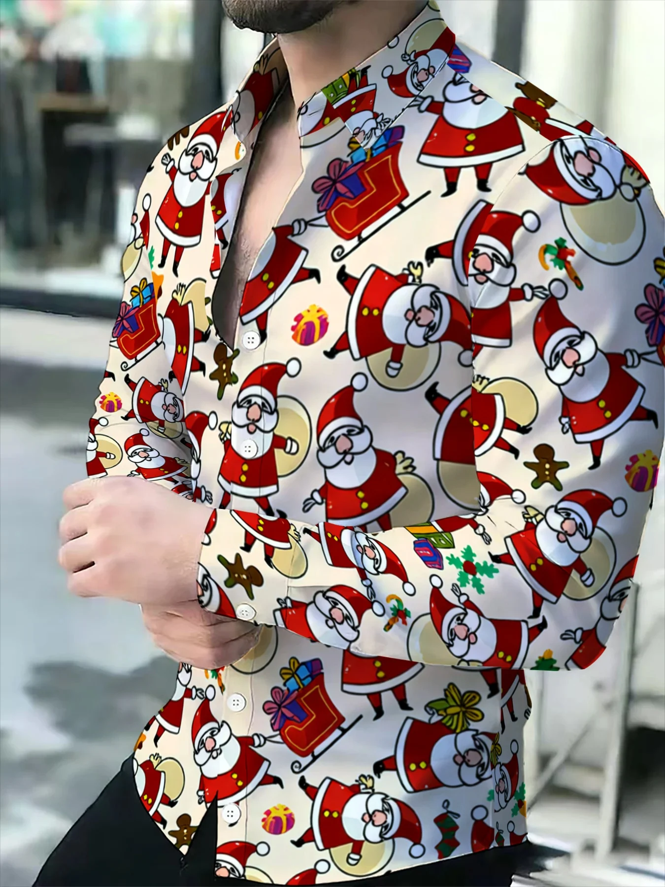 Men Beige Cartoon Santa Print Long Sleeve Shirt, Sleigh Gingerbread Gift Graphic Button Down Holiday Shirt
