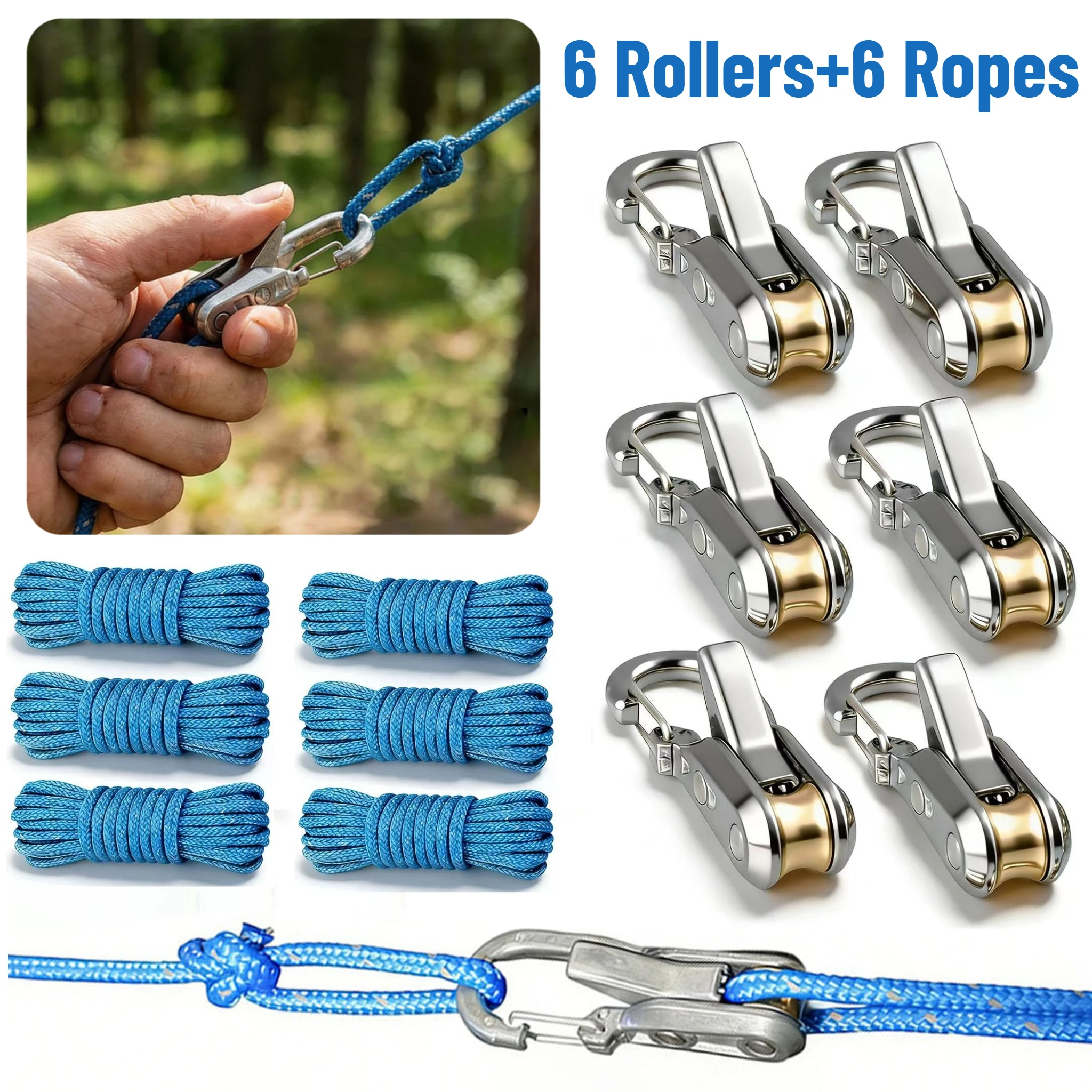 

6 Sets Upgrade Rope Rollers Paracord Tensioner with Reflective Nylon Cord No Knot Needed Cinching for Camping Tarps Tent Boating