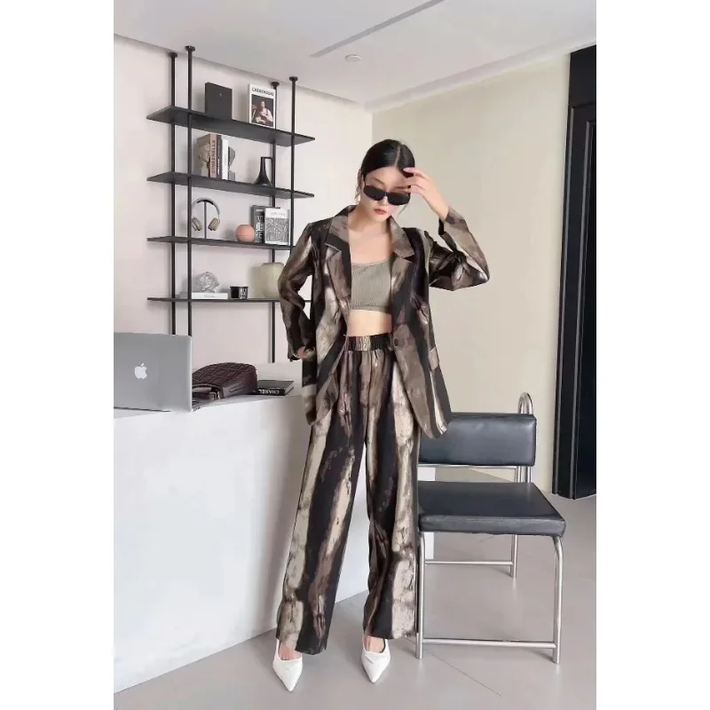 Insozkdg Autumn Ink Style Short Blazer Suit Coat + Wide Leg Pants Set Commuter Vintage Casual Print Blazer Pants Two Piece Sets