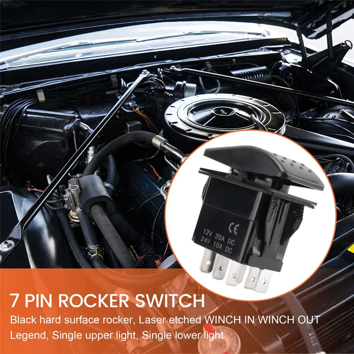 12V 20A Winch In Winch Out ON-OFF-ON Rocker Switch 7 Pin LED blue