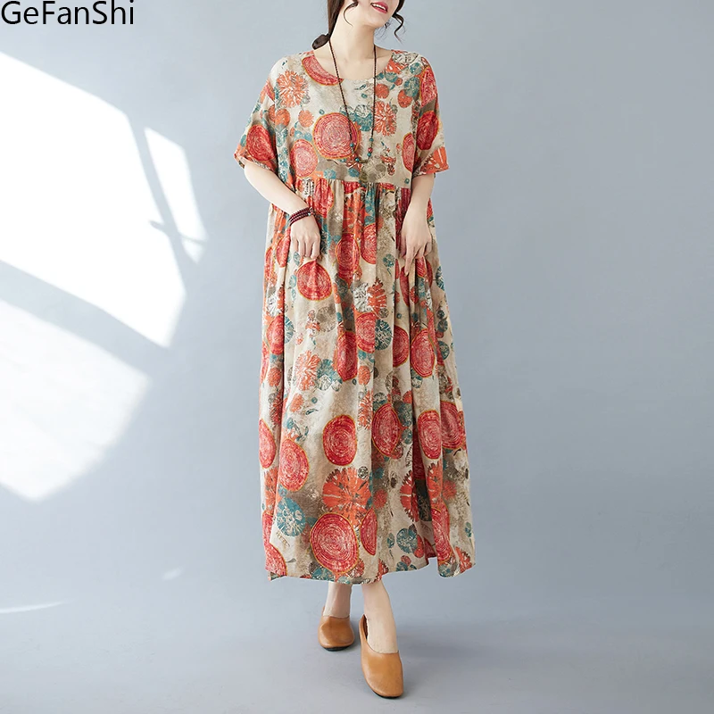 

2024 New Summer Short Sleeve O-neck Dot Print Dresses Women Fashion Loose Casual Dress Robe Elegant Ladies Oversize Clothing