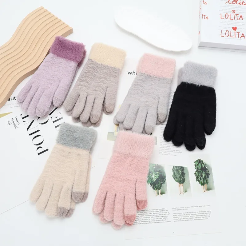 Women Winter Fleece Thickened Warm Five Finger Touch Screen Protective gloves with Wool Thermal for Cycling Split Finger Outdoor