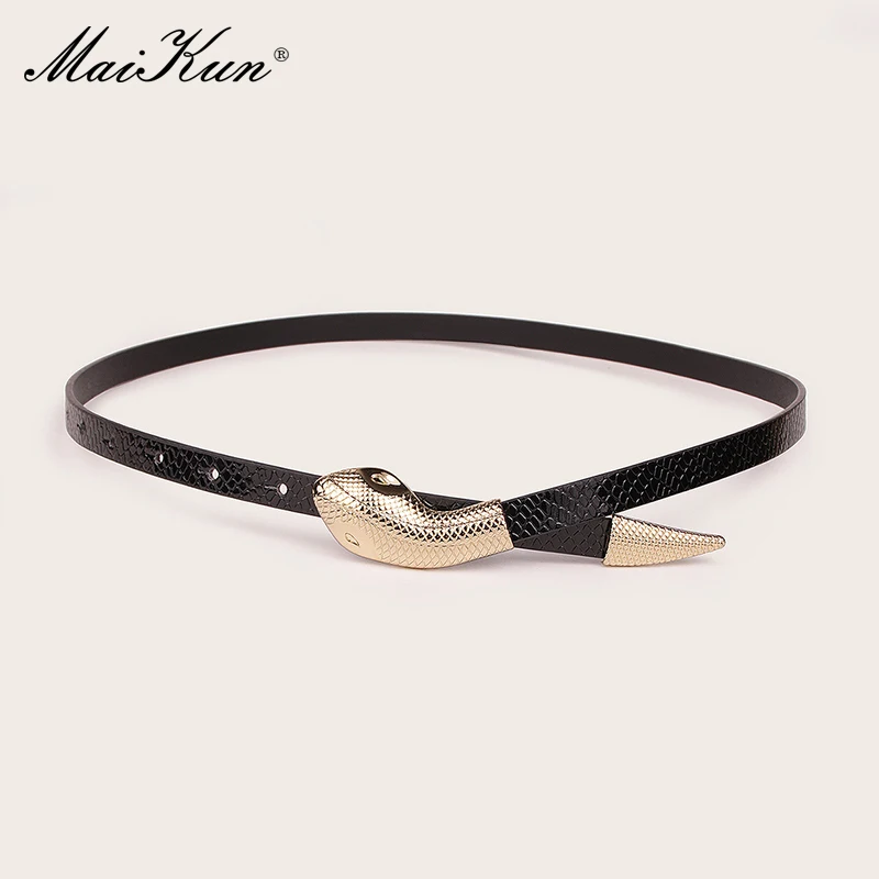 Maikun-Cinturón de piel sintética con hebilla de serpiente para mujer, cinturón con patrón de serpiente de charol de espejo negro, moda exquisita