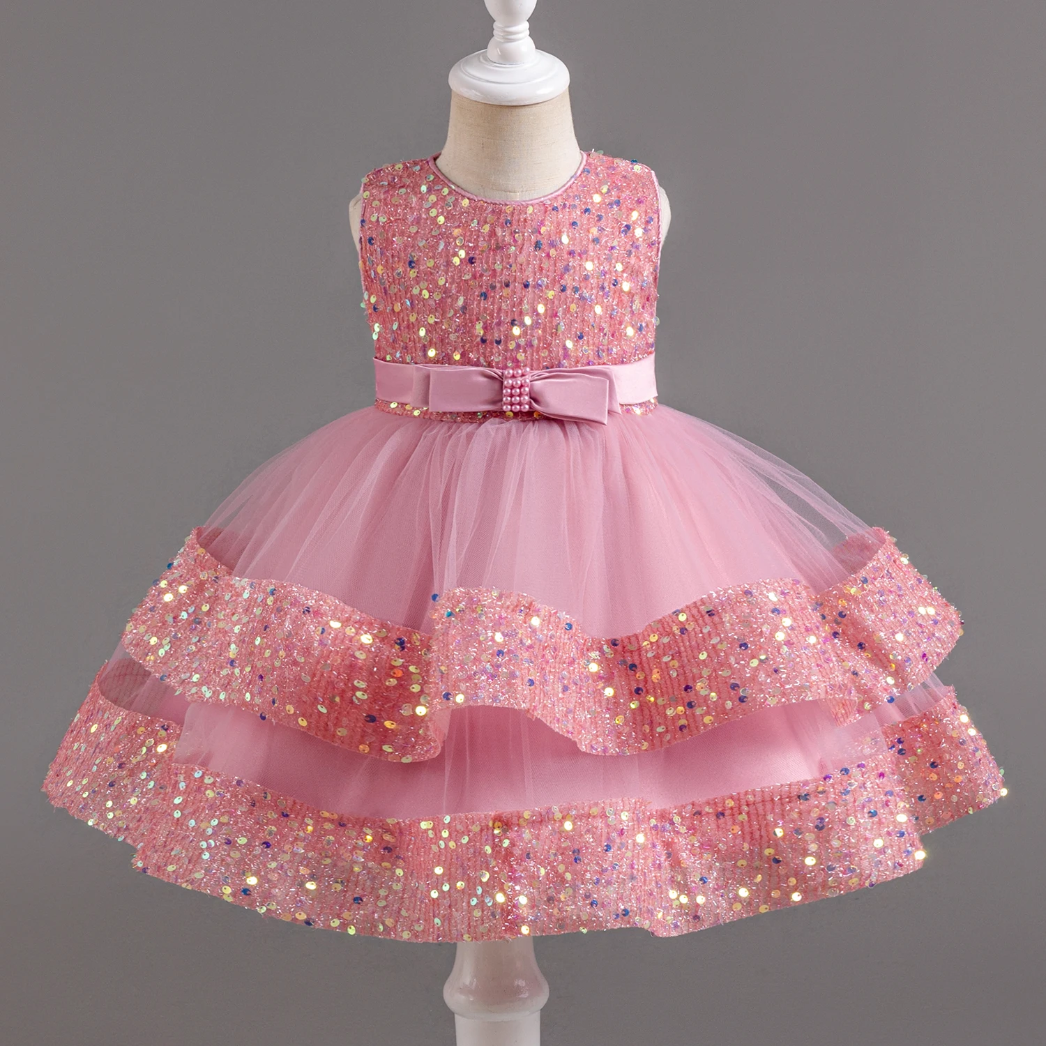 Cute Baby Sequin Party Dress for 1st Baptism Toddler Gown Sleeveless Tulle Wedding Prom Princess Birthday Dresses for Kids Girls