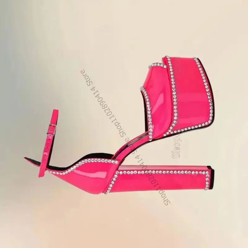 

Rose Red Crystal Patent Leather Peep Toe Platform Pumps Ankle Buckle Strap Women Shoes Chunky High Heel 2026 Zapatos Para Mujere