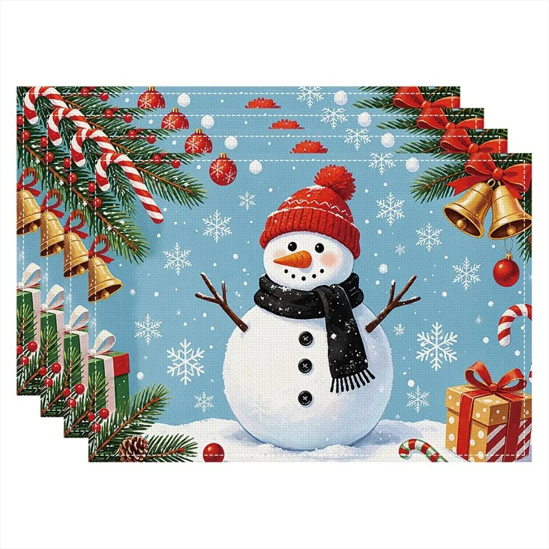 VIKAMA Linen Placemats Christmas Snowman Blue White Red, Stain Resistant Easy to Clean, Dining Table Holiday Decor