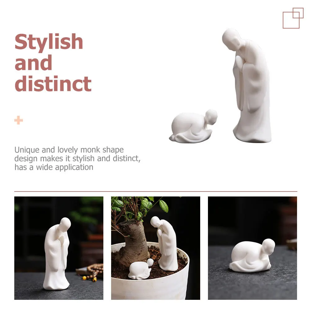 

1Pair Porcelain Monk Statue Decoration Mini Monk Sculpture for Tea Table Garden Home Desktop Zen Style Adornment
