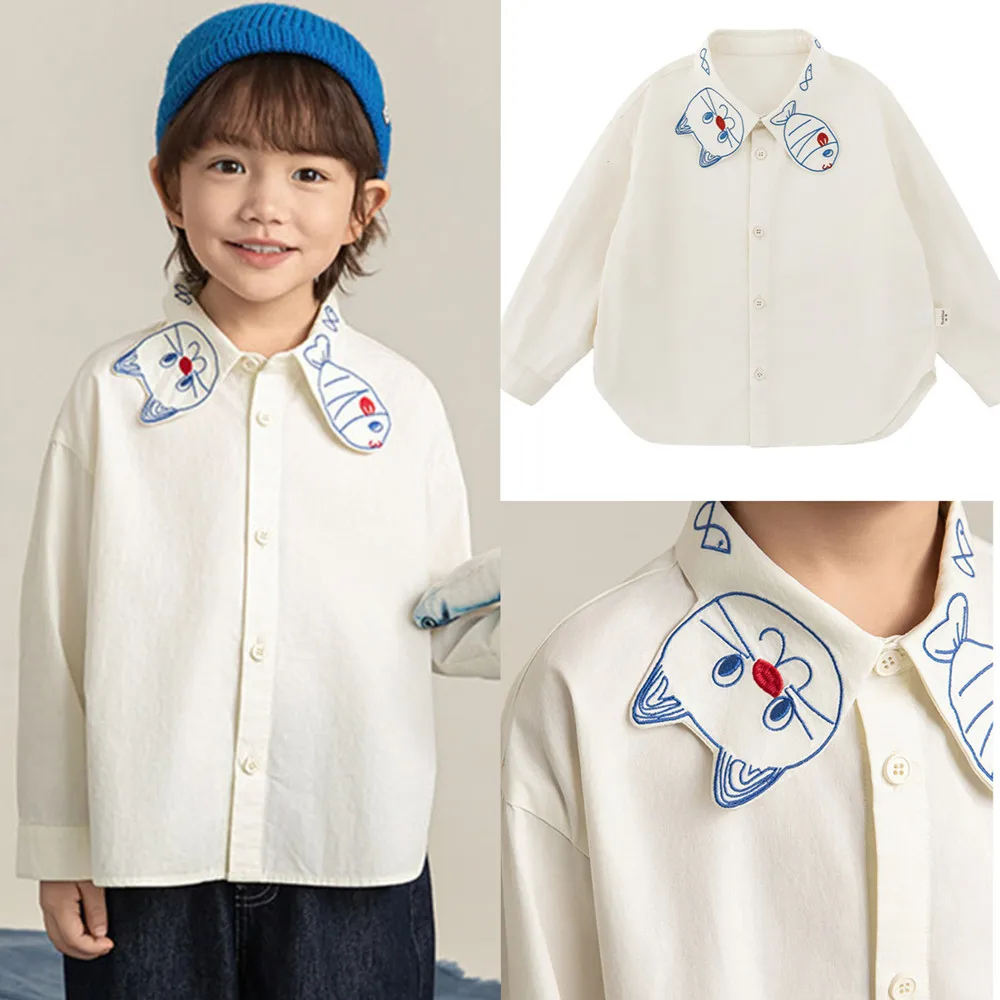 

spring boys clothing Interesting boy's white shirt Cartoon style embroidered lapel casual shirt