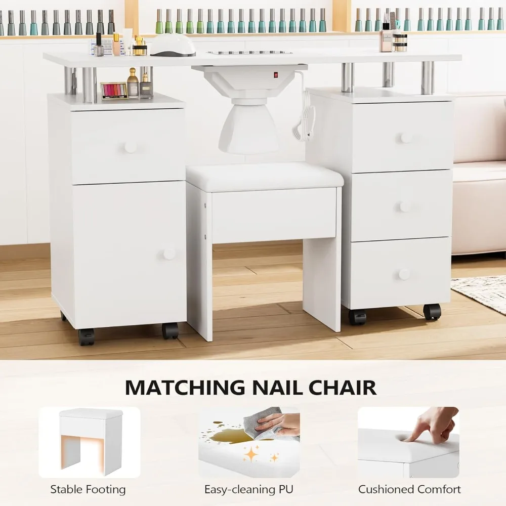 Nail Desk and Chair Set, with Stool, Dust Collector, Arm Rest & Wheels, Acetone Resistant Desktop, Manicure Table Nail