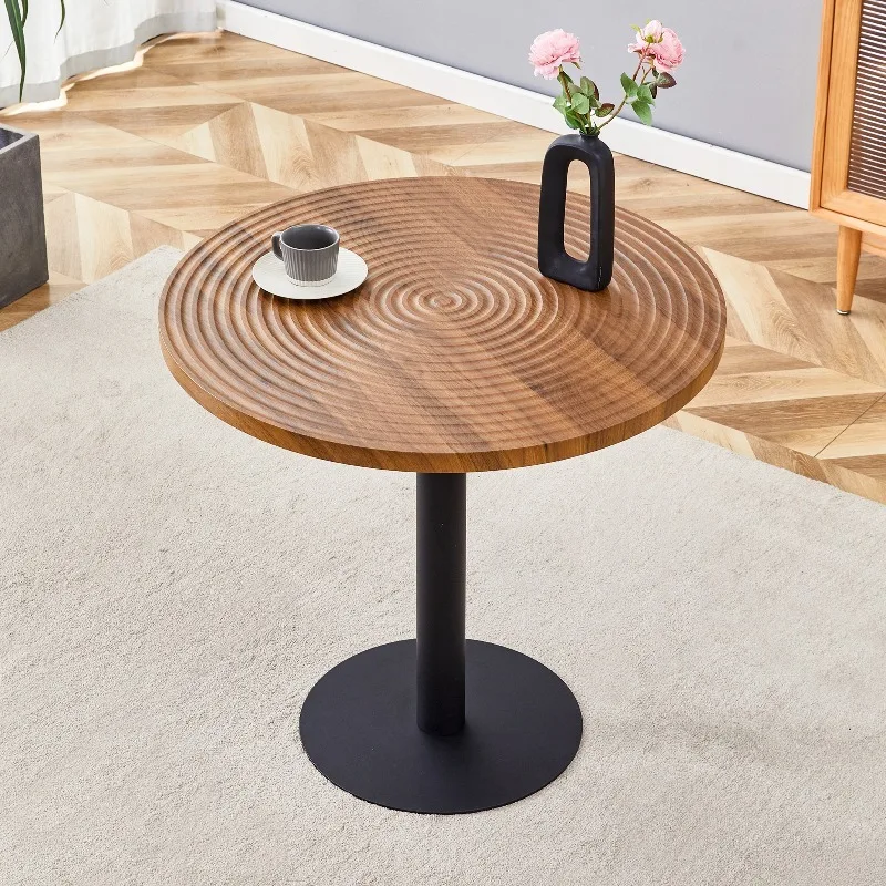 Luxury Commercial Restaurant Furniture Dining Tables for Hotel Cafes Restaurants,Dark Wood Grain Design,Black Metal Stand