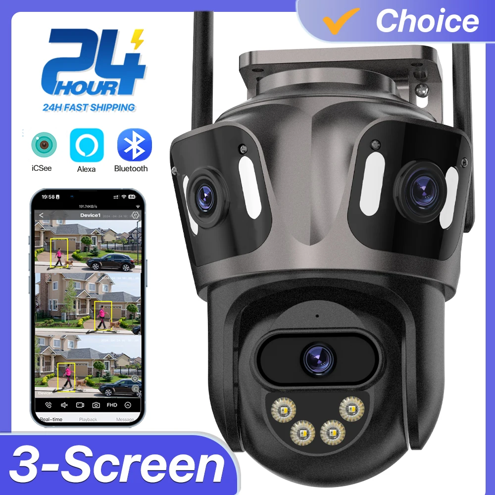 Outdoor 6K WIFI IP Camera 3-Lens 3-Screen 4K Wireless PTZ Camera 2-Lens Auto Tracking Security Video Surveillance CCTV iCsee