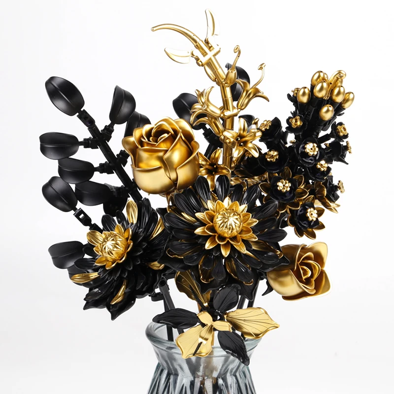Creatieve Paarse Bloem Zwart Gouden Roos Boeket Bouwstenen Thuis Bureau Plant Decoratie Monteer Bakstenen Speelgoed Cadeau Voor Meisjes