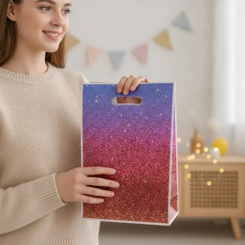 Rainbow Gradient Glitter Plastic Treat Bags Reusable Gift Bags for Wedding Birthday Christmas New Year Gifts