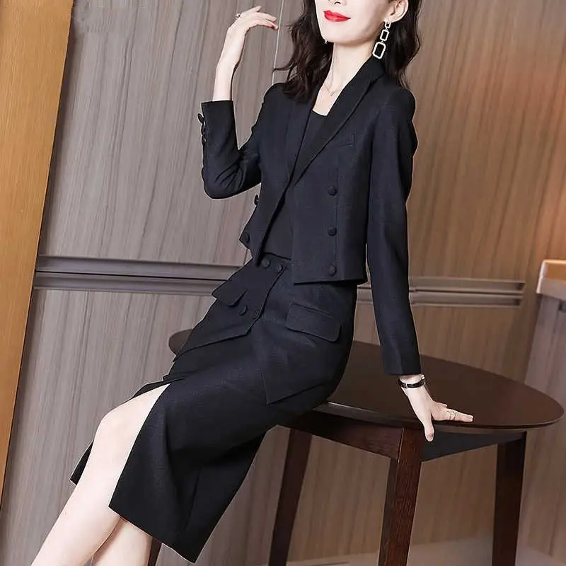 

Women's French Casual Short Blazer Split Skirt Sets Retro Commuting Solid Color Double-breasted Suit Pocket Skirt Two-piece Set