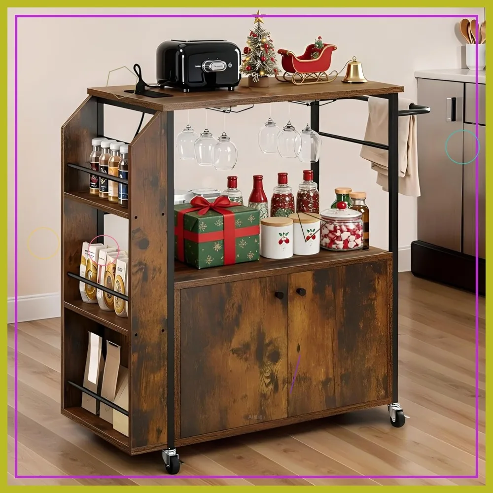 

36-Inch Mobile Kitchen Cart with Power Outlet, Open Shelves, and Wheels for Storage in Brown