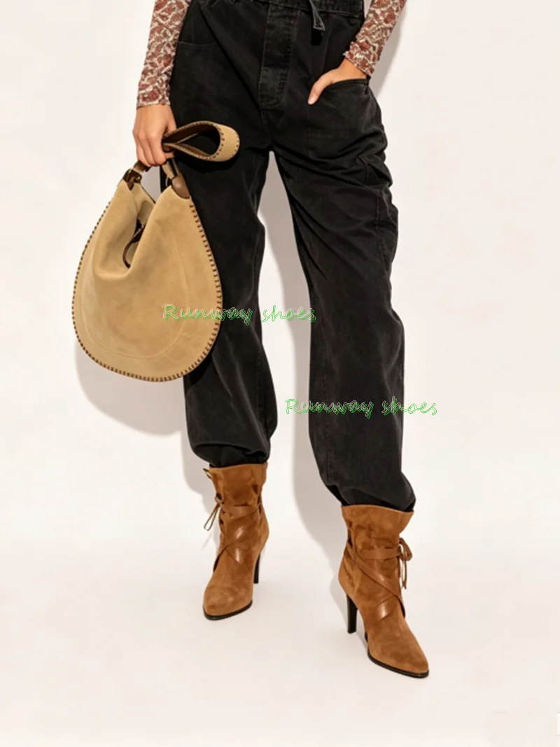 Brown Suede Ankle Boots Ruched Slouchy Shaft Wrap Around Strap Bow Knot Decor Pointed Toe Stiletto High Heel Retro Western boots