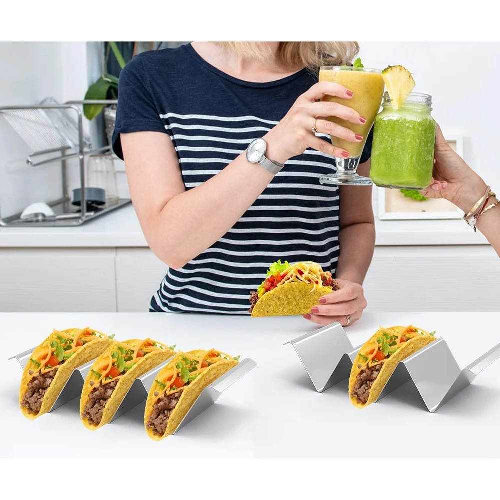 Soporte para tacos, juego de 4 carcasas para tacos de acero inoxidable con asas, bandeja para camiones tacos para restaurante y hogar