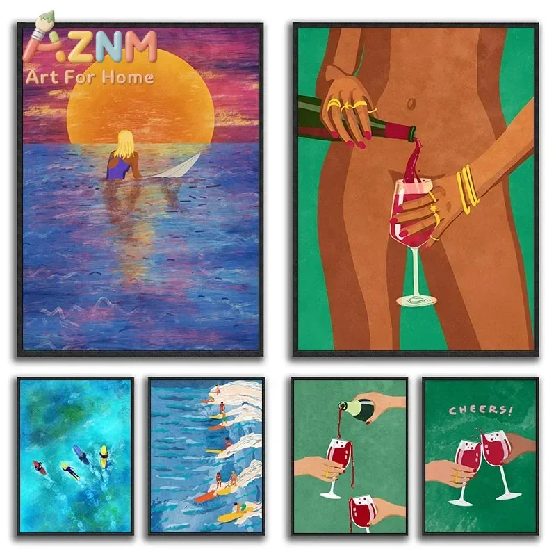 1pc Frameless Surfing Colorful Poster Print Trendy Kitchen Print Wine Poster Boho Decor Cheers To Us Red Wine Toast Canvas