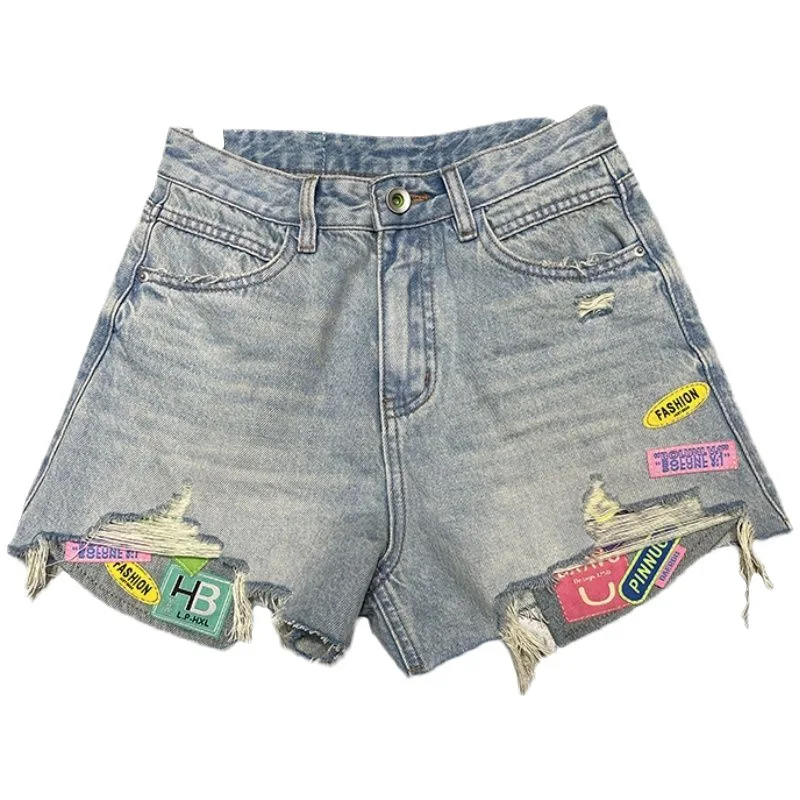 High Street Hit Color Patchwork Ripped Denim Shorts Women New Summer High Waist Casual Loose Wide Leg Short Jeans s622