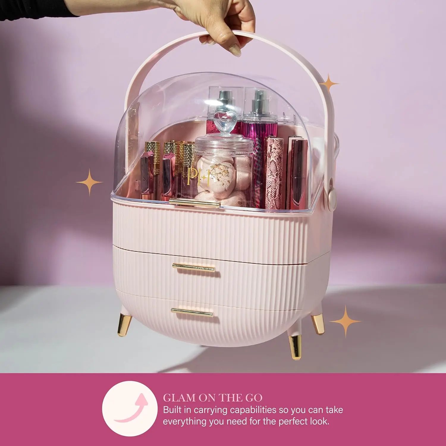 蓋付きメイクアップ収納オーガナイザー、化粧品＆スキンケアオーガナイザー、波形デザインとゴールドアクセント付きポータブルボックス、ピンク