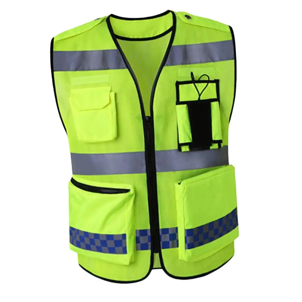 Reflective Vest, Bright Neon Yellow Color with Reflective Strips - Zipper Front Style-D