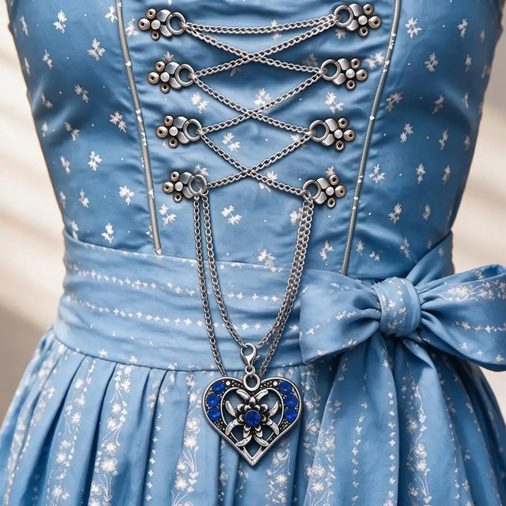 Heart Chain Necklace for Women, Bavarian Rhinestone Heart Extra Long Necklace, Vintage Oktoberfest Corset Jewelry Accessory