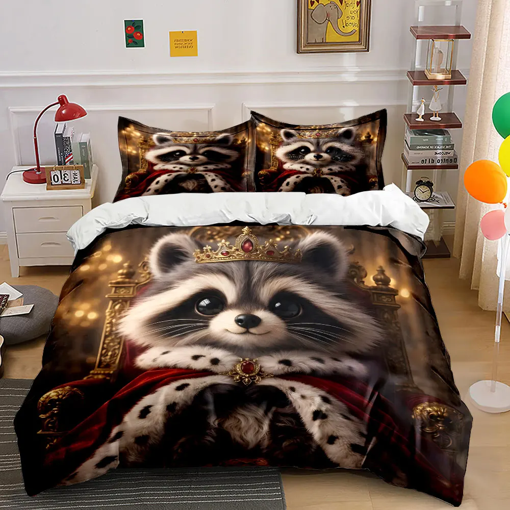 Royal Raccoon on Throne Print Bedding Set 1 Duvet Cover 2 Pillowcases for Adult and Children Luxury Gift Full Size