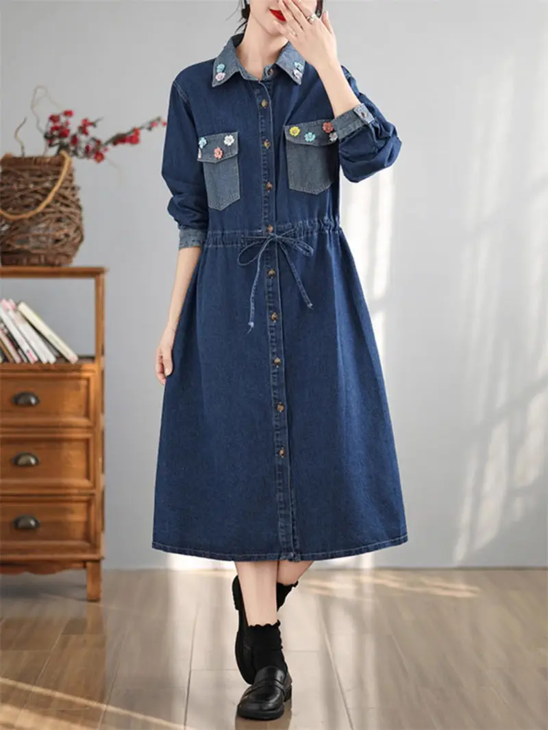 Three Dimensional Flower Denim Dress Lace Up Medium To Long style Fashionable Lapel Versatile A-Line Jeans Dress For Women K2702