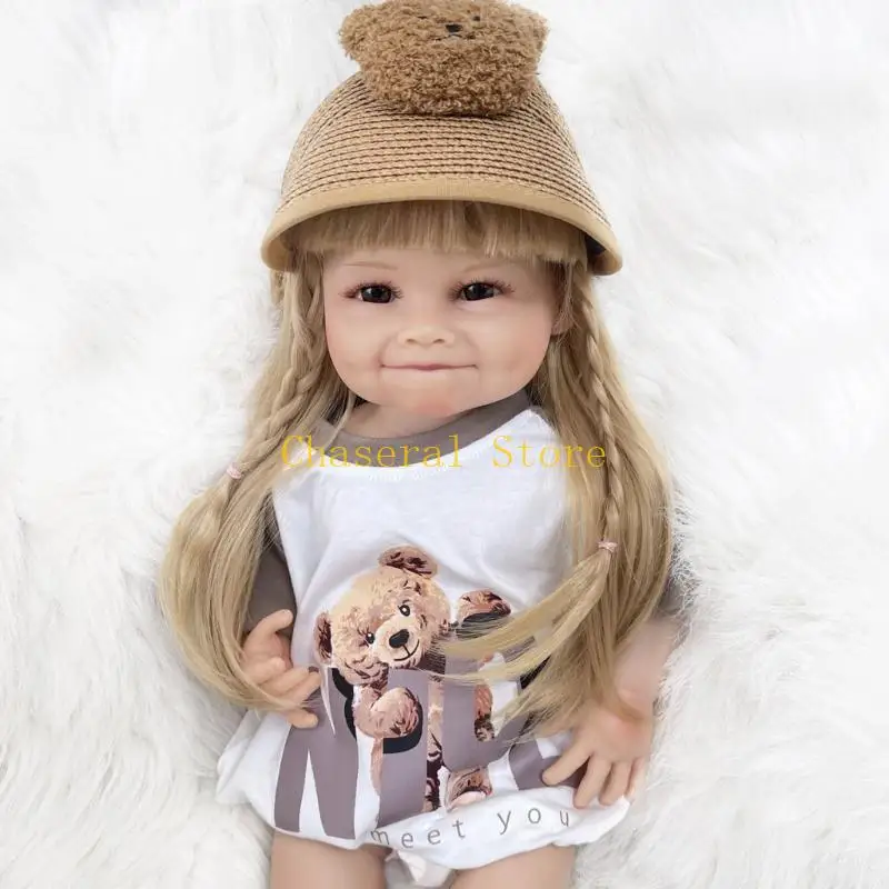 E7CE 인형 Reborns 웃는 보조개 인형 긴 금발 머리 부드러운 비닐 바디 소녀 인형 어린이 선물 21''