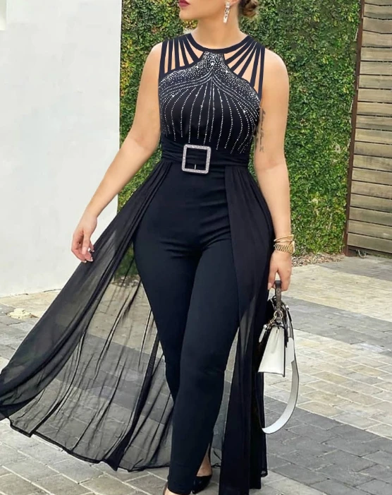 Elegant Women's Party Clothing2024 Elegant Sleeveless Strap Hot Diamond Design Waist Tight Mesh Small Leg Pants Women's Jumpsuit