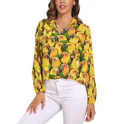 Yellow Parrot Print Blouse Long-Sleeve Jenday Conures Kawaii Blouses Women Street Fashion Oversized Shirt Graphic Top Present