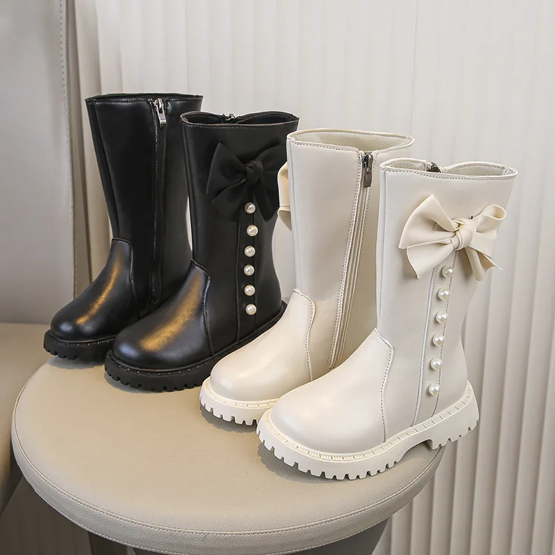 Kids' Boots Solid Color Bow Pearl PU Leather Fashion Winter Shoes For Girls Anti-slip Warm Thick Bottom Black White Size 26-37