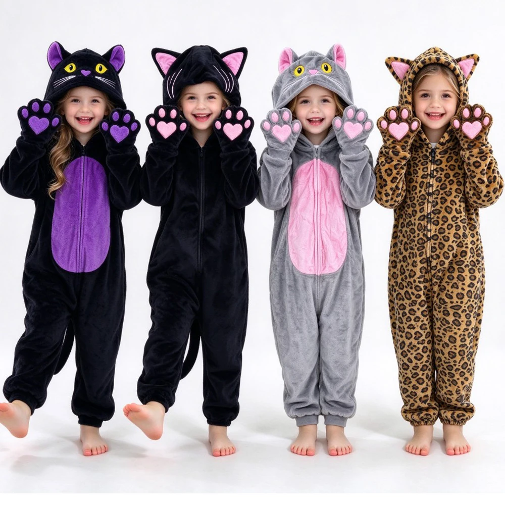 Animal Cartoon Pajamas for Kids Winter Toddler Boys Pijamas Kigurumi Onesies Cat Leopard Teens Girls Pyjamas Children Loungewear