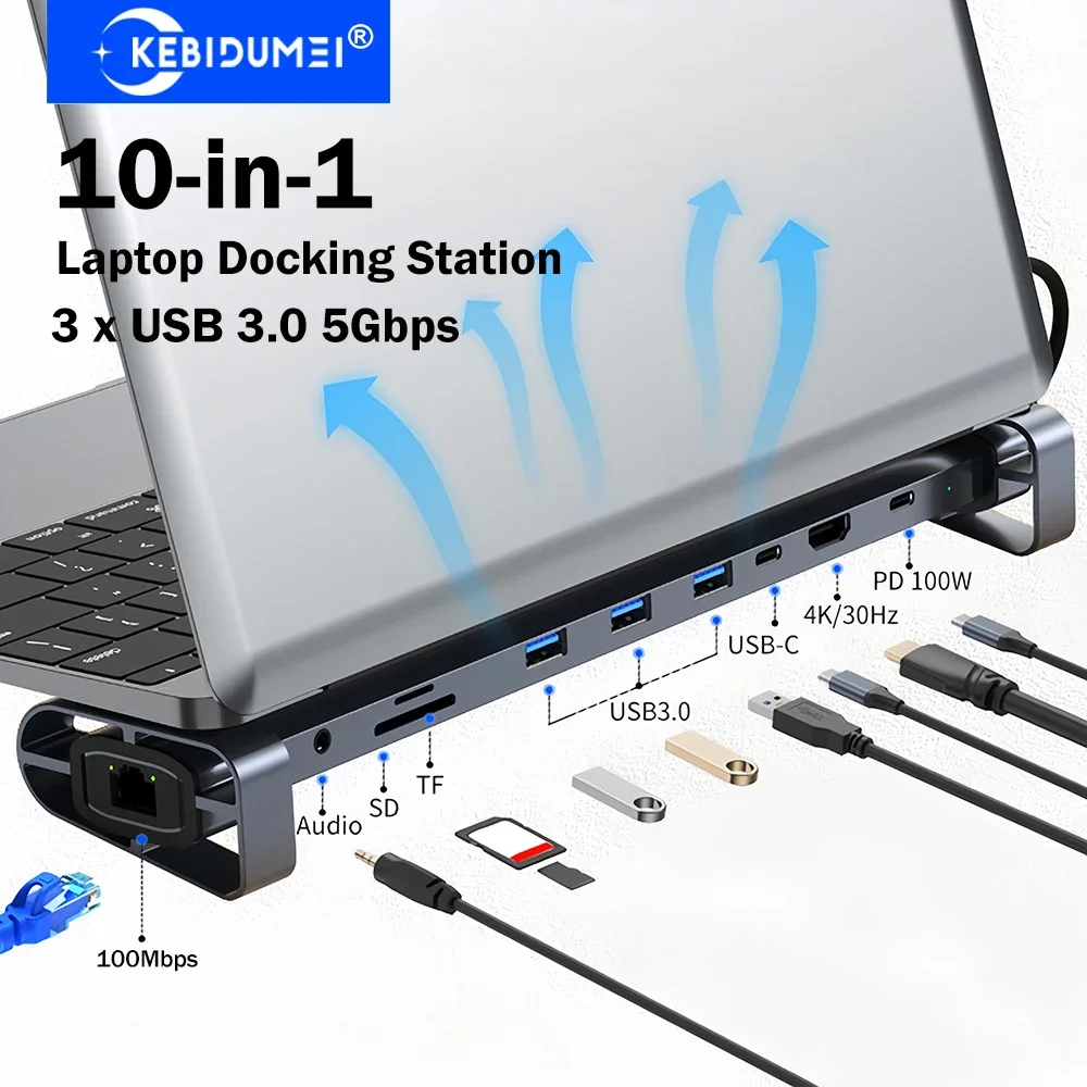 KEBIDUMEI 10-in-1 Laptop Docking Station USB C HUB 4K@30Hz HDMI PD 100W 100Mbps Ethernet 3 X USB 3.0 Hub SD/TF Card Reader