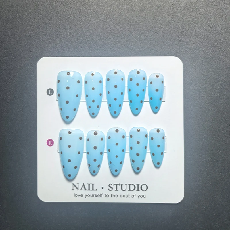 10Pcs 100% Handmade Press on Nails with Coffee and Pink Polka Dots, Glitter Shimmer False Nails, Colorful Dotted Fake Nails - view 2