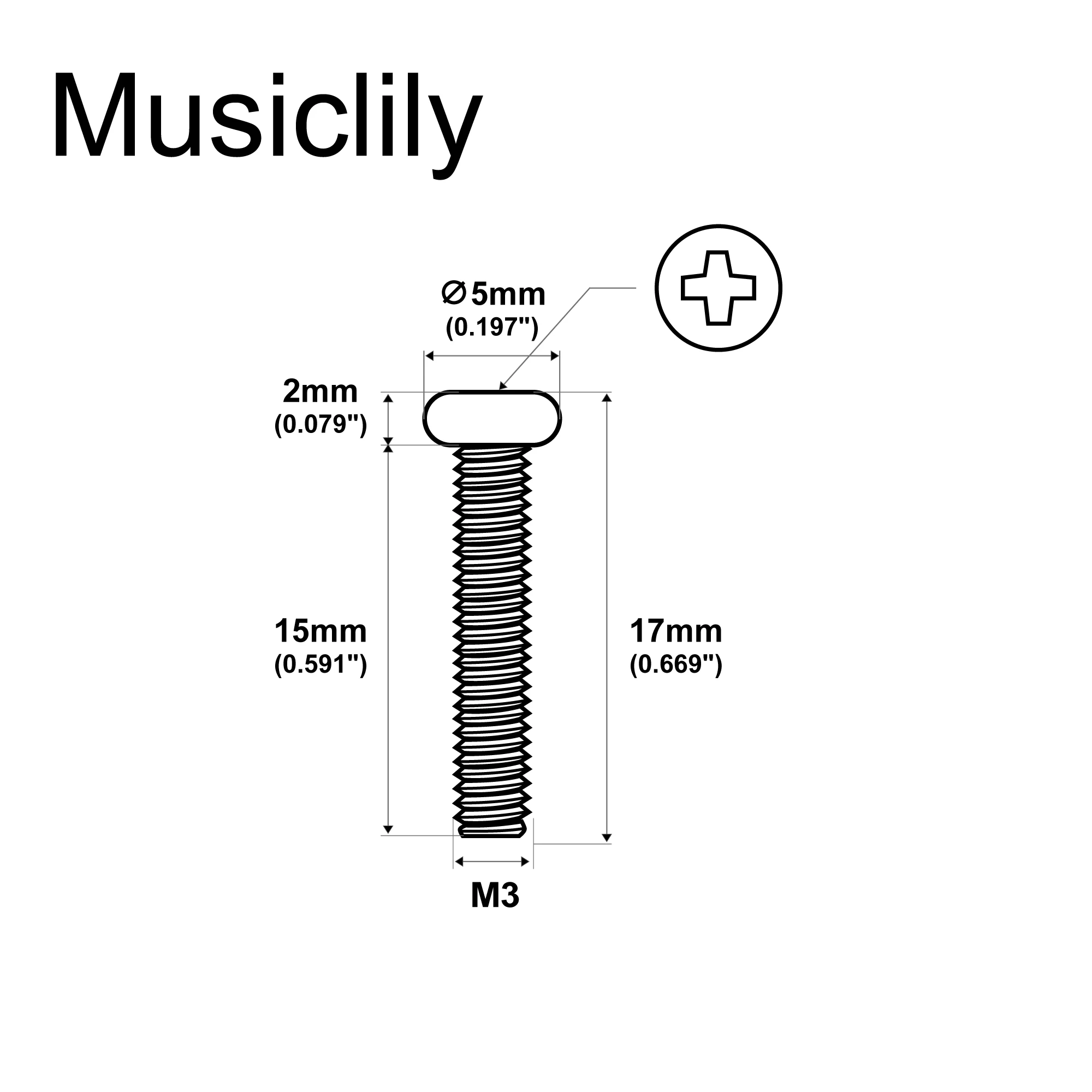 Musiclily Basic Metric Thread M3x15mm Pan Head Single Coil Pickup Mounting Screws for ST Tele Style Electric Guitar (Set of 20)