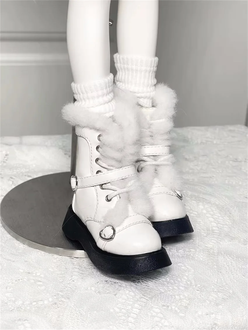 BJD دمية أحذية الفتيات أنيقة 1/4 جولة تو سميكة سوليد لينة حذاء من الجلد الهدايا منتصف العجل أبيض أسود حزام فروي إكسسوارات دمي #3