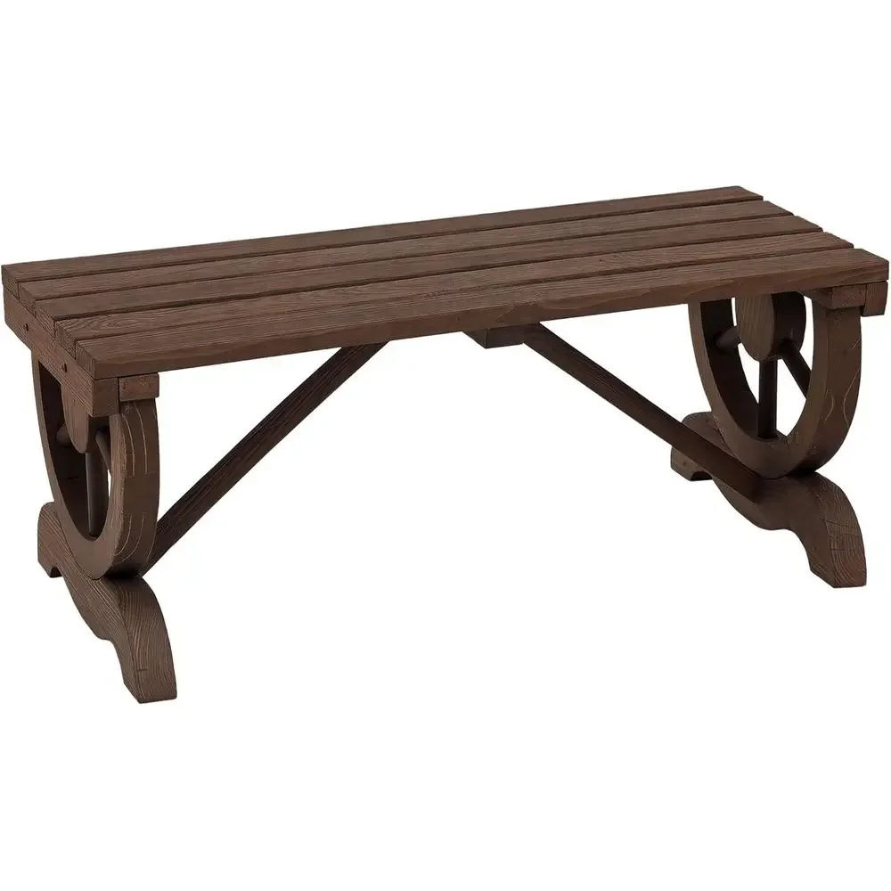 2-Person Wooden Garden Bench with Wagon Wheel Design, Durable Outdoor Patio Furniture, Brown