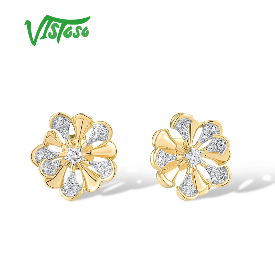 VISTOSO Genuine 14K 585 Yellow Gold Stud Earrings For Women Sparkling Diamonds Exquisite Flower Chic Party Gifts Fine Jewelry