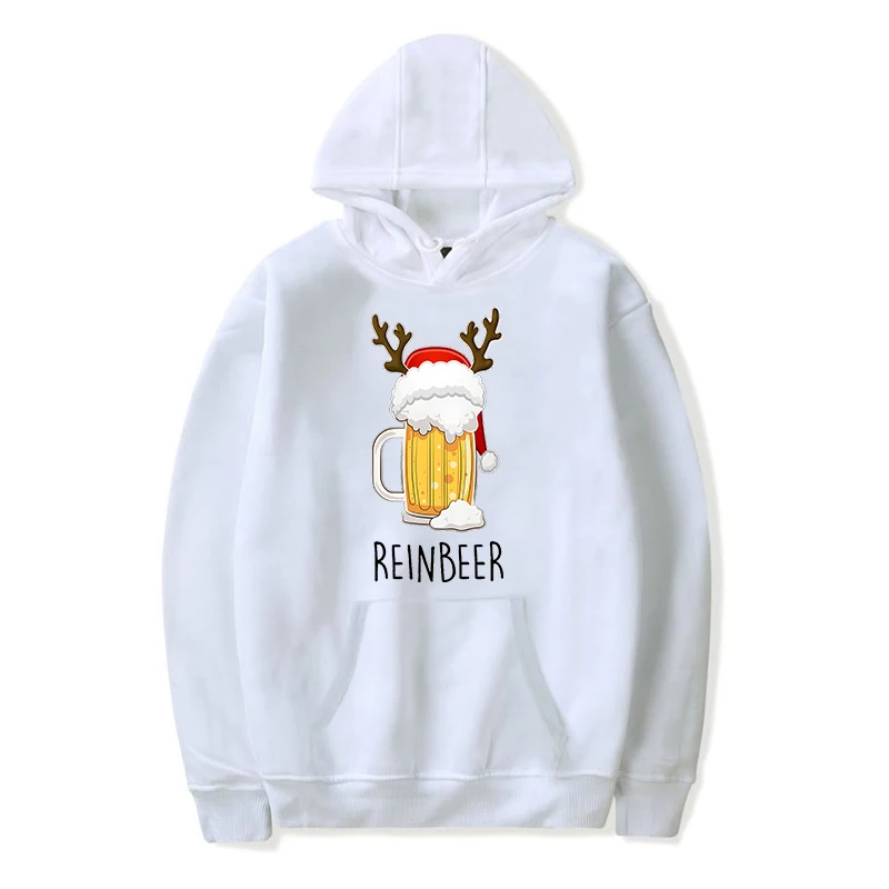 Women Men Matching Christmas Hoodies Winedeer Reinbeer Print Funny Beer Pattern Outerwear Loose Fashion Couple Xmas Sweatshirt
