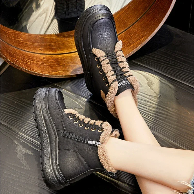 Fujin 4,7 cm Kuh Keil Knöchel Gummi Warme Schuhe Kuh Wildleder Echtes Leder Winter Booties Frühling Winter Plüsch Frauen ZIP warme Herbst