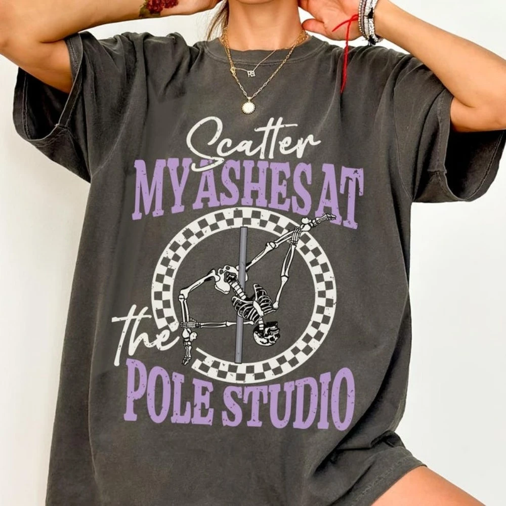 Funny Pole Dance Fitness Skeleton Shirt Poledance Halloween Tshirt Pole Fit T-shirt Distressed Graphic Tee Gift for Her