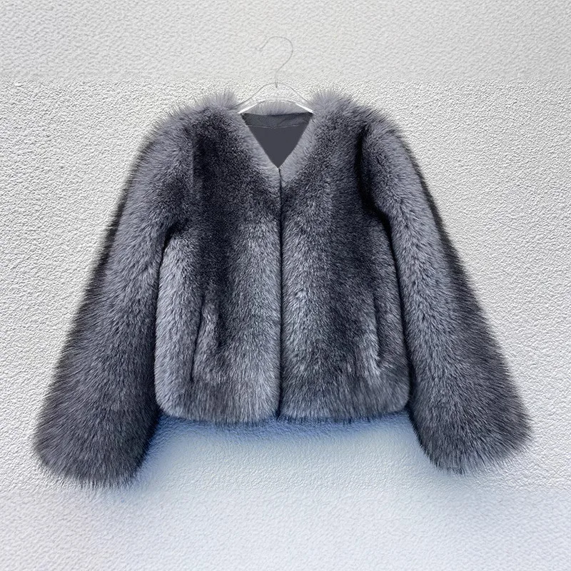 Giacca in pelliccia sintetica con scollo a V Giacca in pelliccia corta grigia con volpe sintetica graduale allentata Soffici cappotti invernali in peluche da donna di lusso caldi e spessi casual